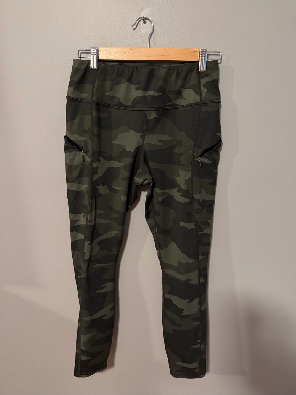 Athleta Olive Camo High-Rise Leggings with Zip Pockets